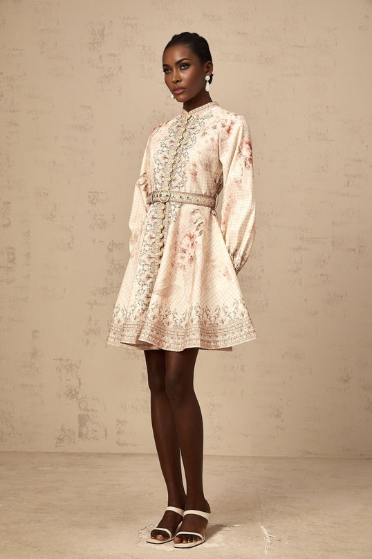 Licia Mini Dress Neutrals Floral Print Linen Blend Gigot Sleeves Belted Waist Mock Neck Thigh Length