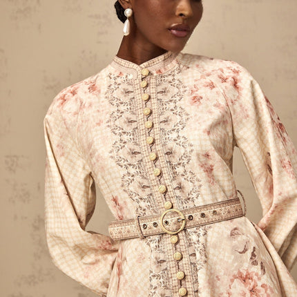 Licia Neutrals Floral Print Mini Dress with Mock Neck and Gigot Sleeves
