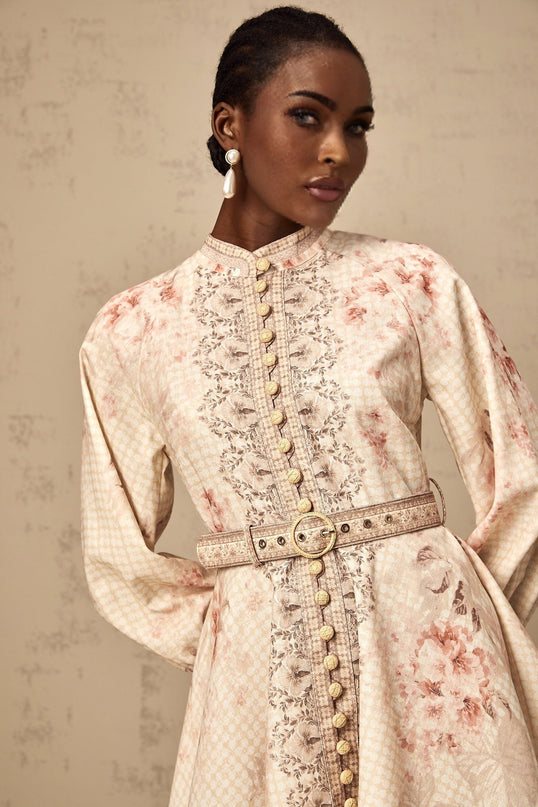 Licia Neutrals Floral Print Mini Dress with Mock Neck and Gigot Sleeves