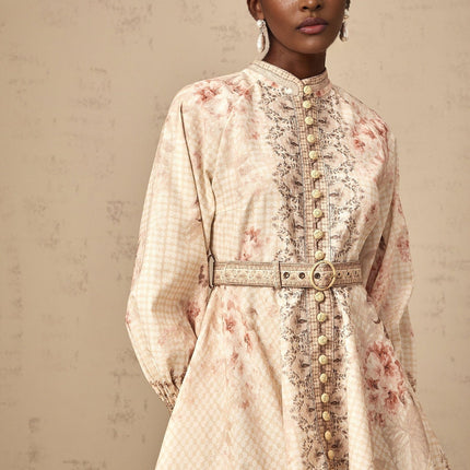 Licia Mini Dress in Neutrals Floral Print Linen Blend Gigot Sleeves Belted Waist Thigh Length