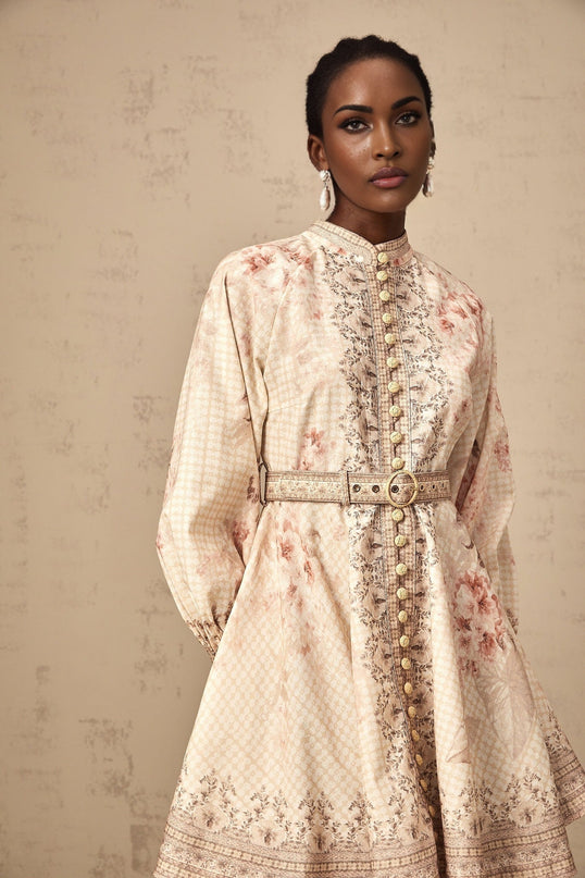 Licia Mini Dress in Neutrals Floral Print Linen Blend Gigot Sleeves Belted Waist Thigh Length