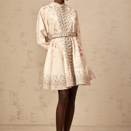 Licia Neutrals Floral Print Mini Dress with Belted Waist and Gigot Sleeves