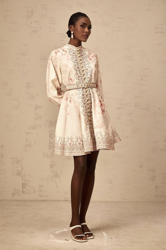 Licia Neutrals Floral Print Mini Dress with Belted Waist and Gigot Sleeves