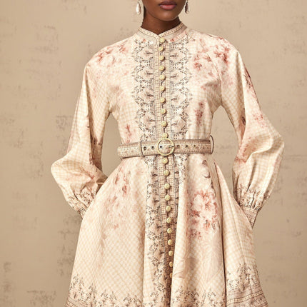 Licia Neutrals Floral Print Mini Dress with Belted Waist and Gigot Sleeves