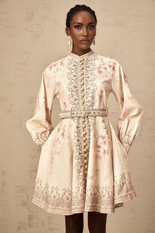 Licia Neutrals Floral Print Mini Dress with Belted Waist and Gigot Sleeves