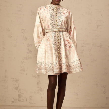 Licia Neutrals Floral Print Mini Dress with Mock Neck and Belted Waist