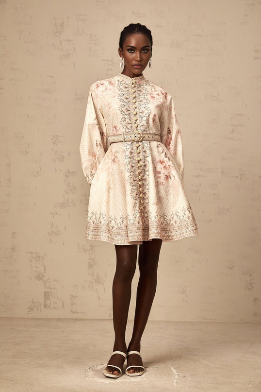 Licia Neutrals Floral Print Mini Dress with Mock Neck and Belted Waist