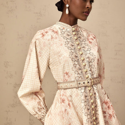 Licia Neutrals Floral Print Mini Dress with Mock Neck and Gigot Sleeves