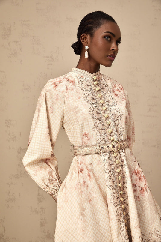 Licia Neutrals Floral Print Mini Dress with Mock Neck and Gigot Sleeves