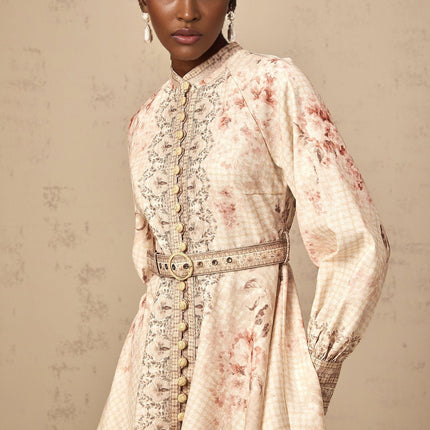 Licia Neutrals Floral Print Mini Dress with Mock Neck and Gigot Sleeves