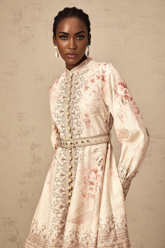 Licia Neutrals Floral Print Mini Dress with Mock Neck and Gigot Sleeves