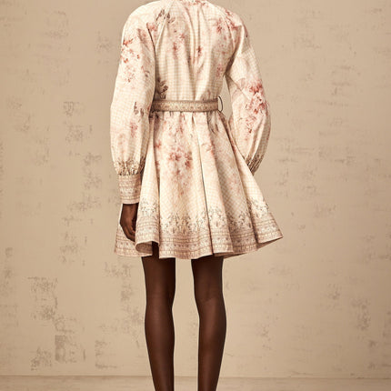 Licia Neutrals Floral Print Mini Dress with Mock Neck and Gigot Sleeves