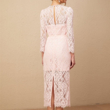 Licia Pink Floral Lace Midi Dress with Crystal Embellishments