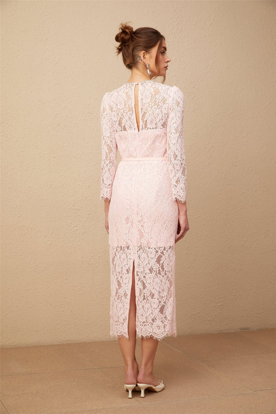 Licia Pink Floral Lace Midi Dress with Crystal Embellishments
