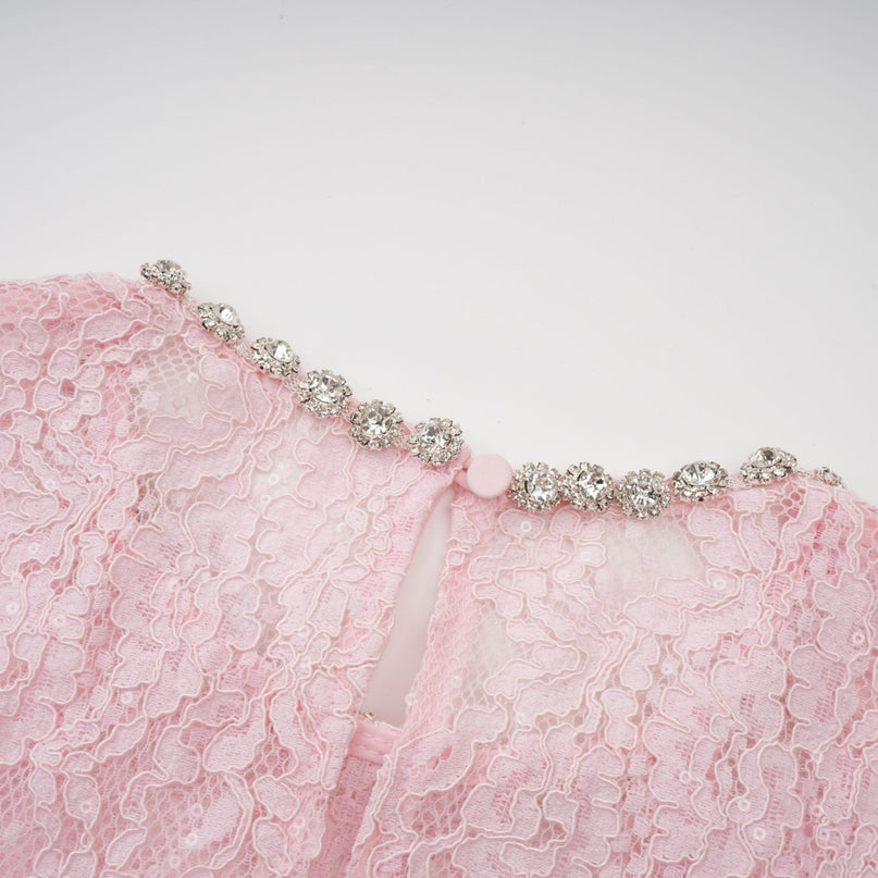 Licia Pink Floral Lace Midi Dress with Crystal Embellishments