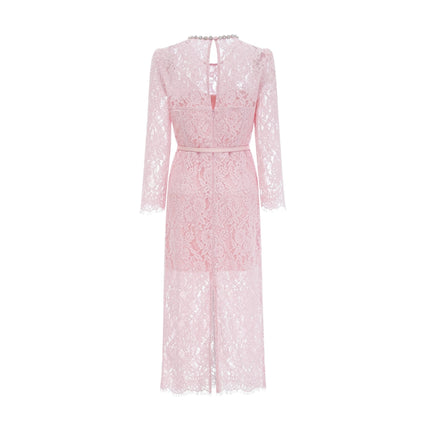 Licia Pink Floral Lace Midi Dress with Crystal Embellishments