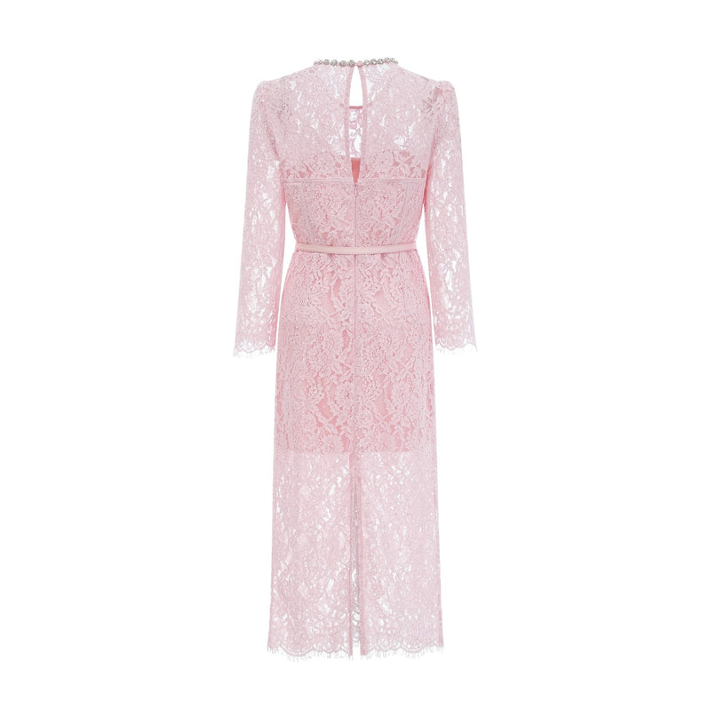 Licia Pink Floral Lace Midi Dress with Crystal Embellishments