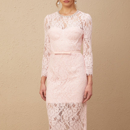 Licia Pink Floral Lace Midi Dress with Crystal Embellishments