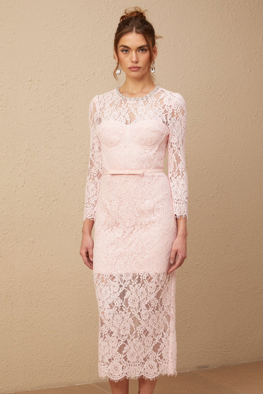 Licia Pink Floral Lace Midi Dress with Crystal Embellishments