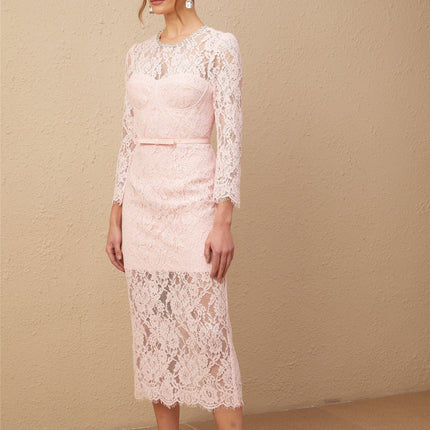 Licia Pink Floral Lace Midi Dress with Crystal Embellishments