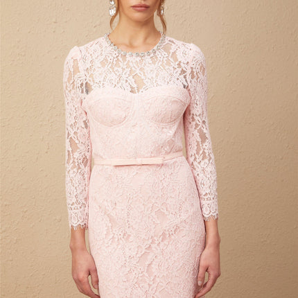 Licia Pink Floral Lace Midi Dress with Crystal Embellishments