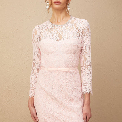 Licia Pink Floral Lace Midi Dress with Crystal Embellishments