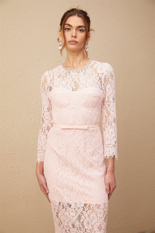 Licia Pink Floral Lace Midi Dress with Crystal Embellishments