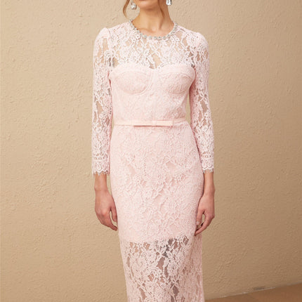Licia Pink Floral Lace Midi Dress with Crystal Embellishments