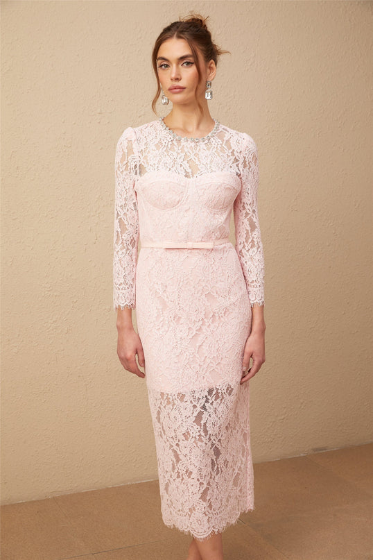 Licia Pink Floral Lace Midi Dress with Crystal Embellishments