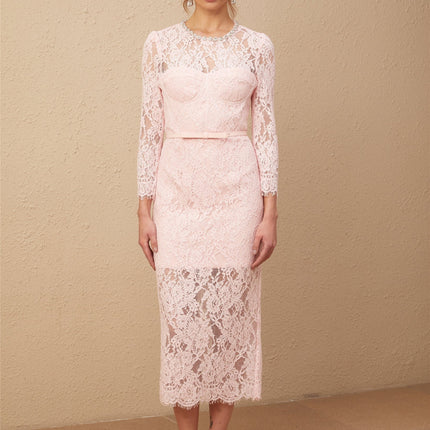 Licia Pink Floral Lace Midi Dress with Crystal Embellishments