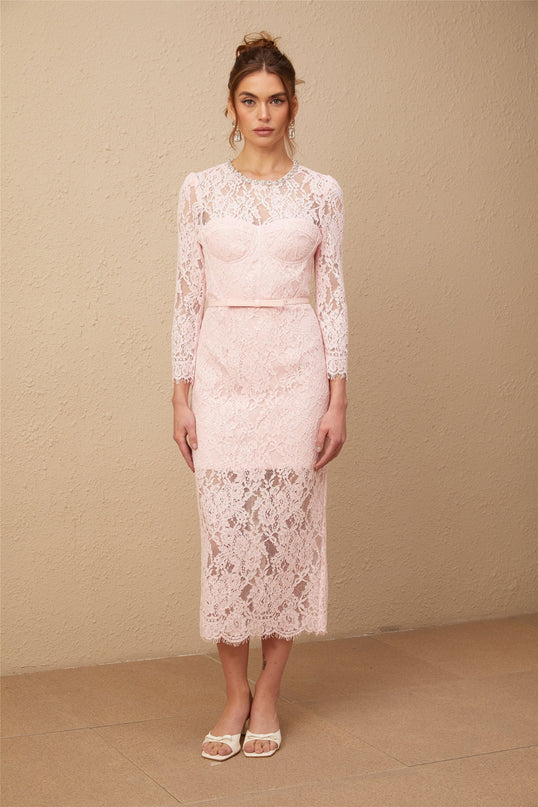 Licia Pink Floral Lace Midi Dress with Crystal Embellishments