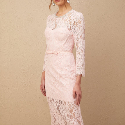 Licia Pink Floral Lace Midi Dress with Crystal Embellishments