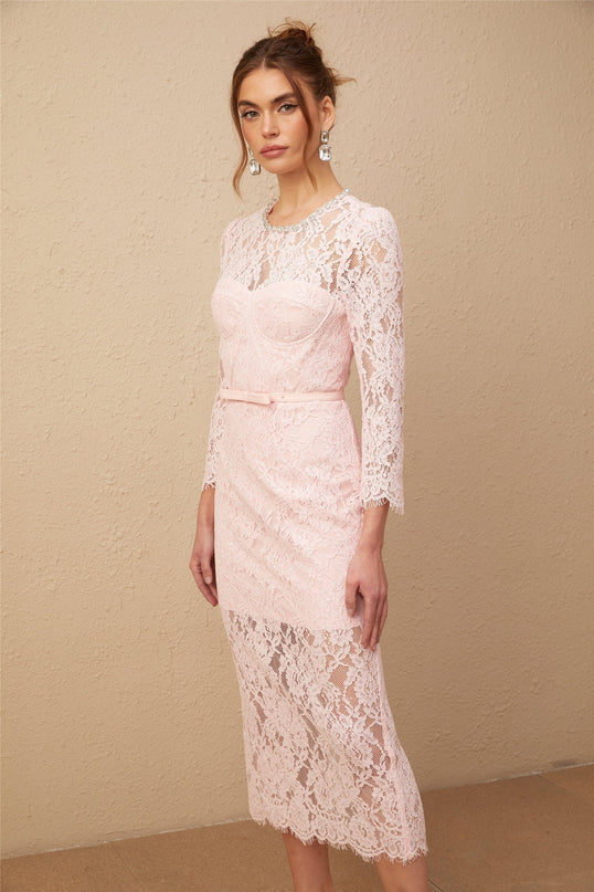 Licia Pink Floral Lace Midi Dress with Crystal Embellishments