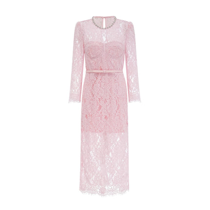Licia Pink Floral Lace Midi Dress with Crystal Embellishments
