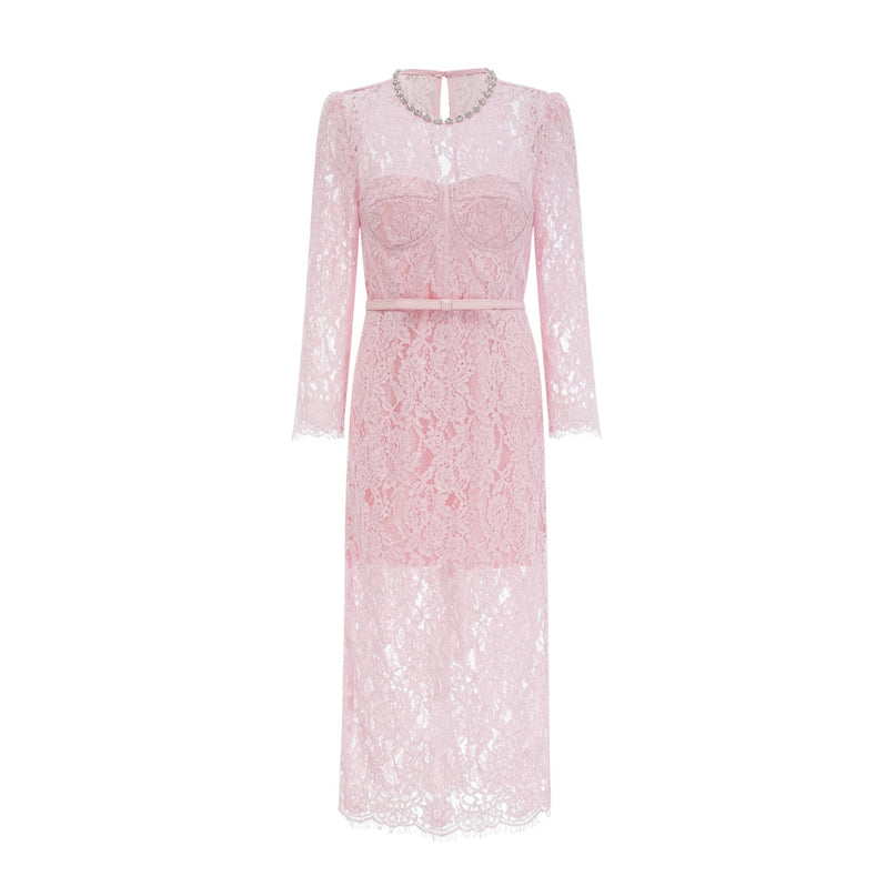 Licia Pink Floral Lace Midi Dress with Crystal Embellishments