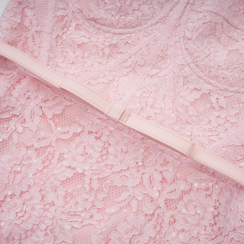 Licia Pink Floral Lace Midi Dress with Crystal Embellishments