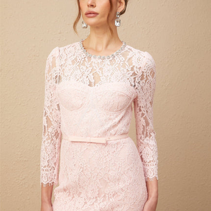 Licia Pink Floral Lace Midi Dress with Crystal Embellishments
