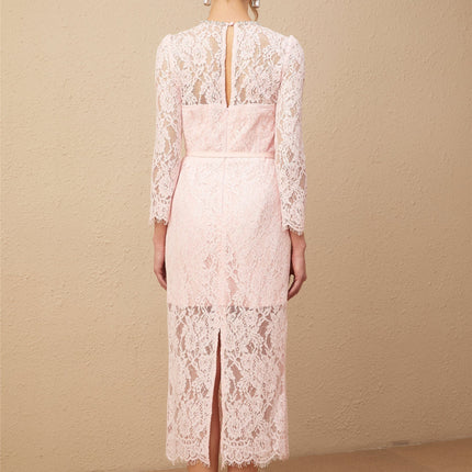 Licia Pink Lace Floral Embroidered Midi Dress