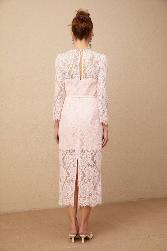 Licia Pink Lace Floral Embroidered Midi Dress