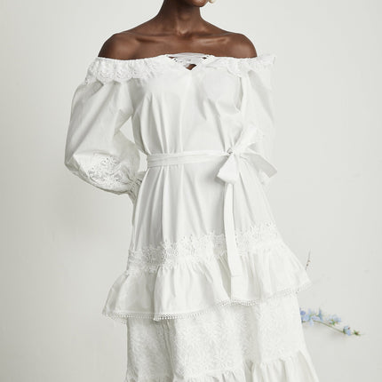 Licia White Lace Trim Cinched Waist Flounce Hem Cut-Out Floral Embroidered Midi Dress