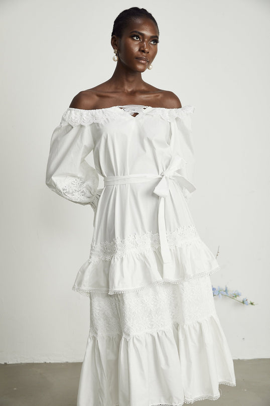Licia White Lace Trim Cinched Waist Flounce Hem Cut-Out Floral Embroidered Midi Dress