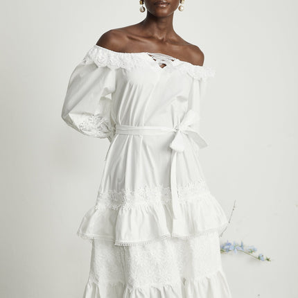 Licia White Lace Trim Midi Dress with Cinched Waist and Flounce Hem
