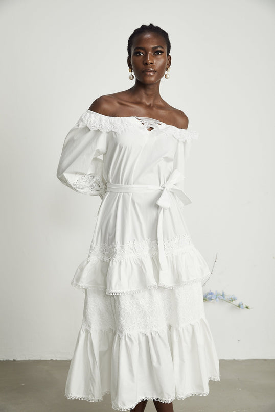 Licia White Lace Trim Midi Dress with Cinched Waist and Flounce Hem