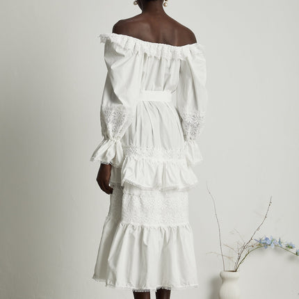 Licia White Lace Trim Midi Dress with Cinched Waist and Flounce Hem