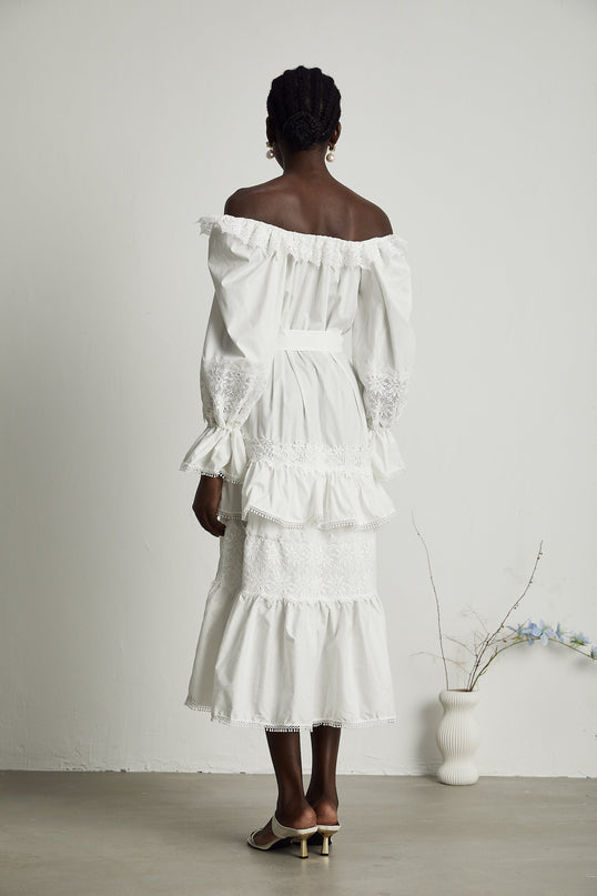 Licia White Lace Trim Midi Dress with Cinched Waist and Flounce Hem