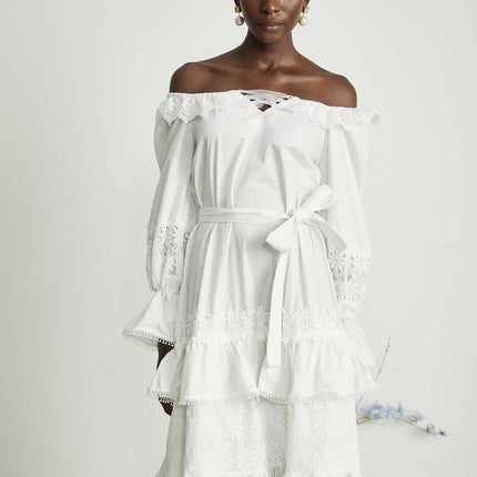 Licia White Lace Trim Midi Dress with Cinched Waist and Flounce Hem