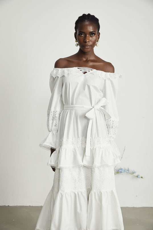 Licia White Lace Trim Midi Dress with Cinched Waist and Flounce Hem