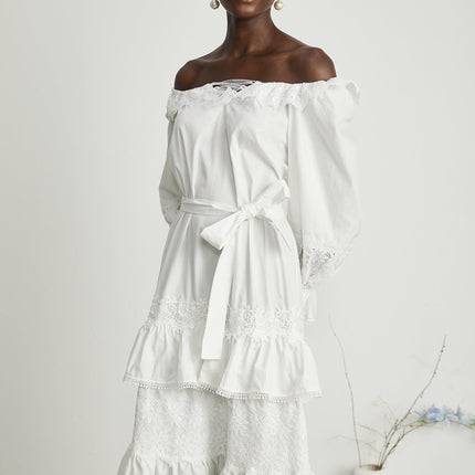 Licia White Lace Trim Midi Dress with Cinched Waist and Flounce Hem