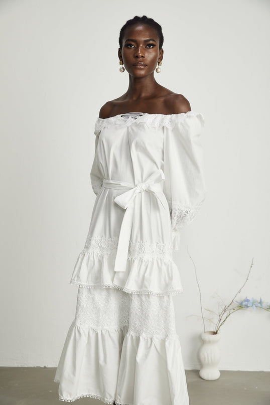 Licia White Lace Trim Midi Dress with Cinched Waist and Flounce Hem