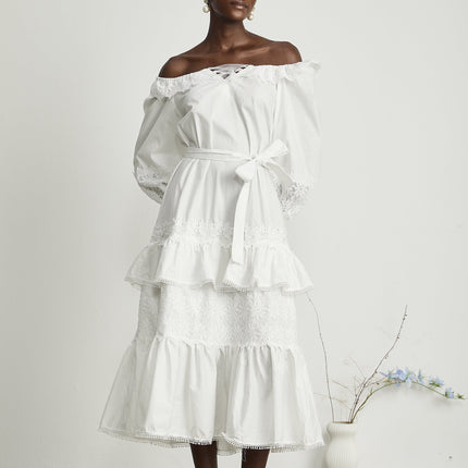 Licia White Lace Trim Midi Dress with Cinched Waist and Flounce Hem